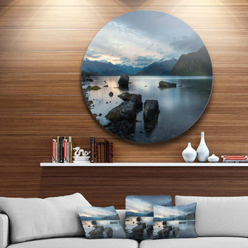 Large Rocks and Distant Cloudy Mountains - Landscape Circle Metal Wall Decor